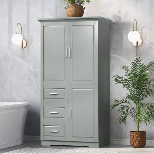 JUJABU Grey Tall Storage Cabinet with Doors for Bathroom with Three Drawers