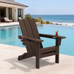 VOUA Folding Adirondack Chair with Dual Cup Holders Coffee HDPE Frame Stationary Adirondack Chair with Slat Seat