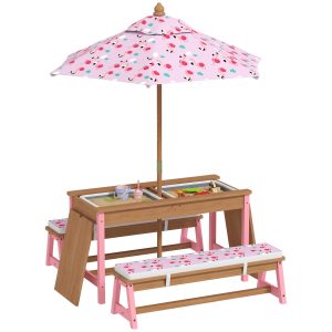 Qaba  Kids Picnic Table Wooden Table and Bench Set with Foldable Umbrella Removable Cushions and Boxes Flamingo Theme for Patio Pink