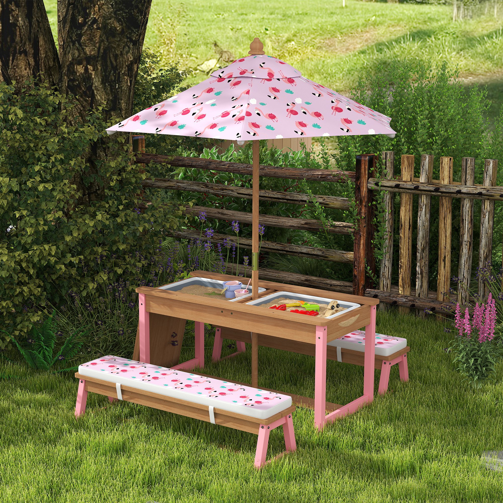 Qaba Kids Picnic Table Wooden Table and Bench Set with Foldable Umbrella Removable Cushions and Boxes Flamingo Theme for Patio Pink - Image 2