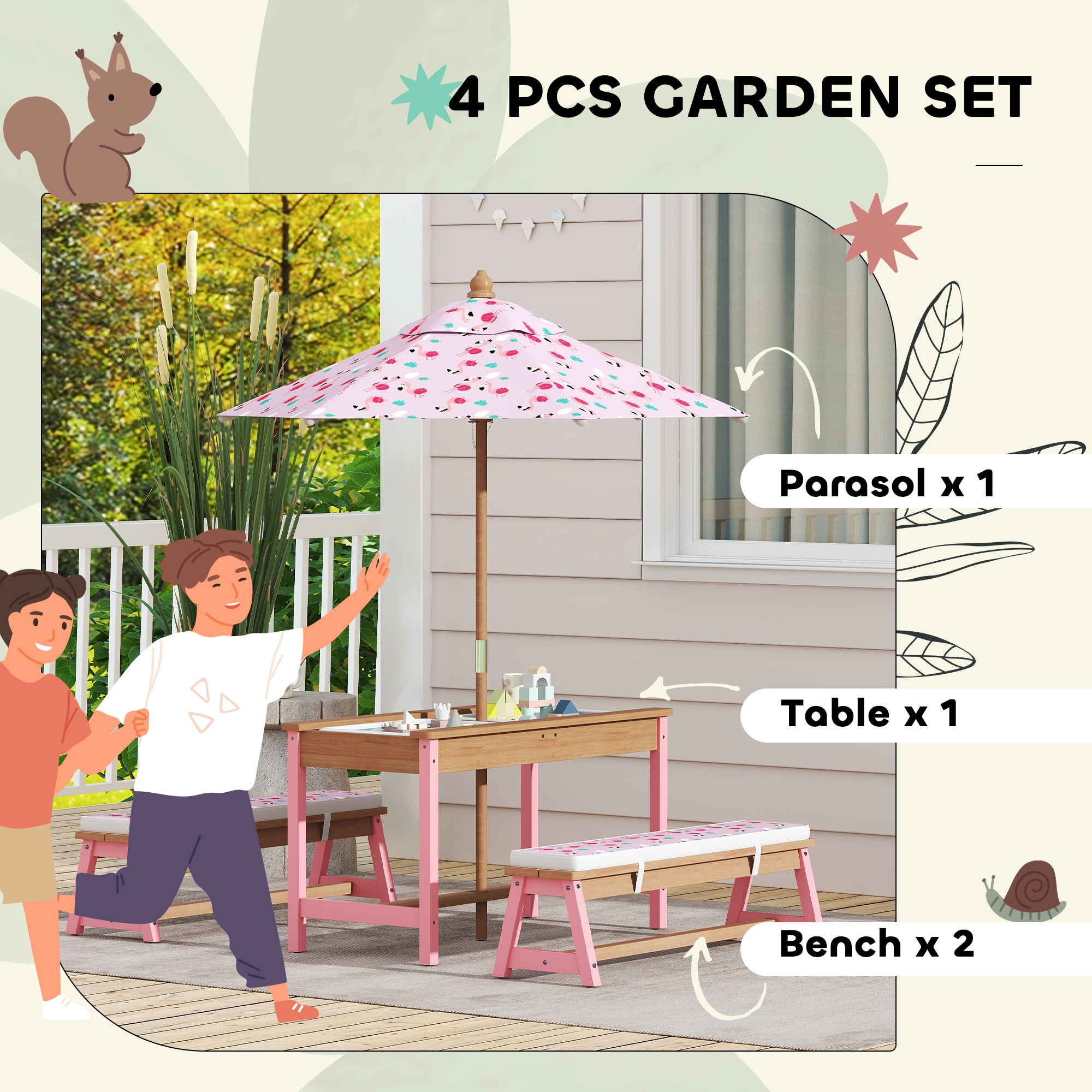 Qaba Kids Picnic Table Wooden Table and Bench Set with Foldable Umbrella Removable Cushions and Boxes Flamingo Theme for Patio Pink - Image 3