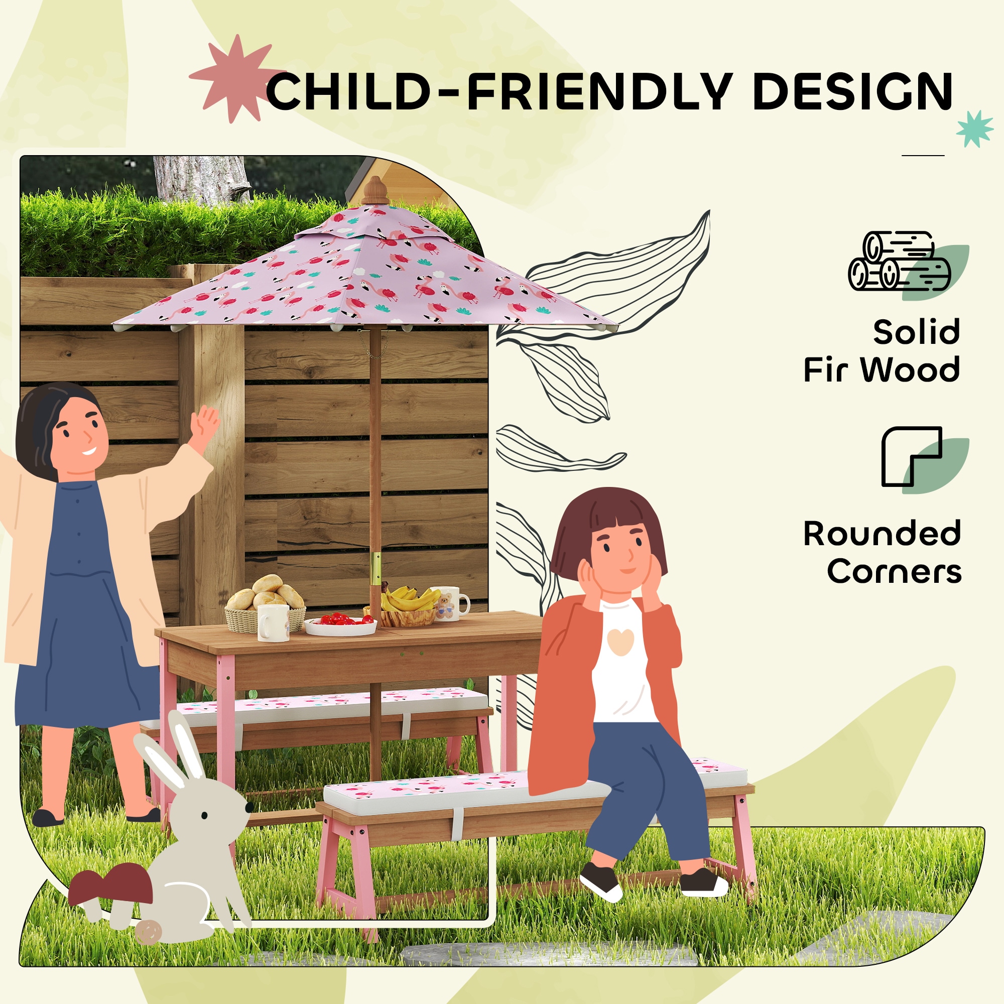 Qaba Kids Picnic Table Wooden Table and Bench Set with Foldable Umbrella Removable Cushions and Boxes Flamingo Theme for Patio Pink - Image 7