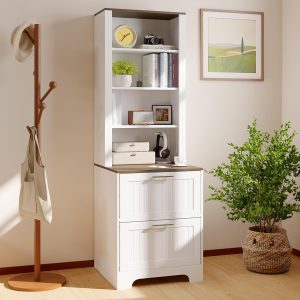 Garvee 72in Tall Bookshelf with 2 File Drawers Wooden Farmhouse Bookcase Storage Cabinet 2 Adjustable Shelves Home Office Living Room White
