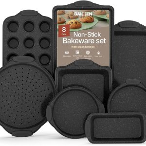 Bakken Swiss  8 Piece Bakeware Set Nonstick Carbon Steel Baking Pans with Red Silicone Handles Oven Safe 450F Includes Cookie Sheets Muffin Pan Loaf Pan Round Cake Pan Square Pan Roasting Pan PFOA PFOS PTFE Free
