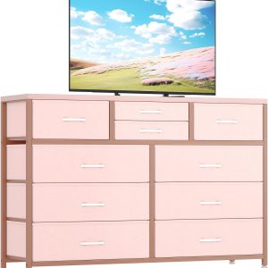Garvee TV Stand with 10 Fabric Drawers Modern Entertainment Center for 55 Inch Television Media Console Table with Storage for Living Room Hallway Pink