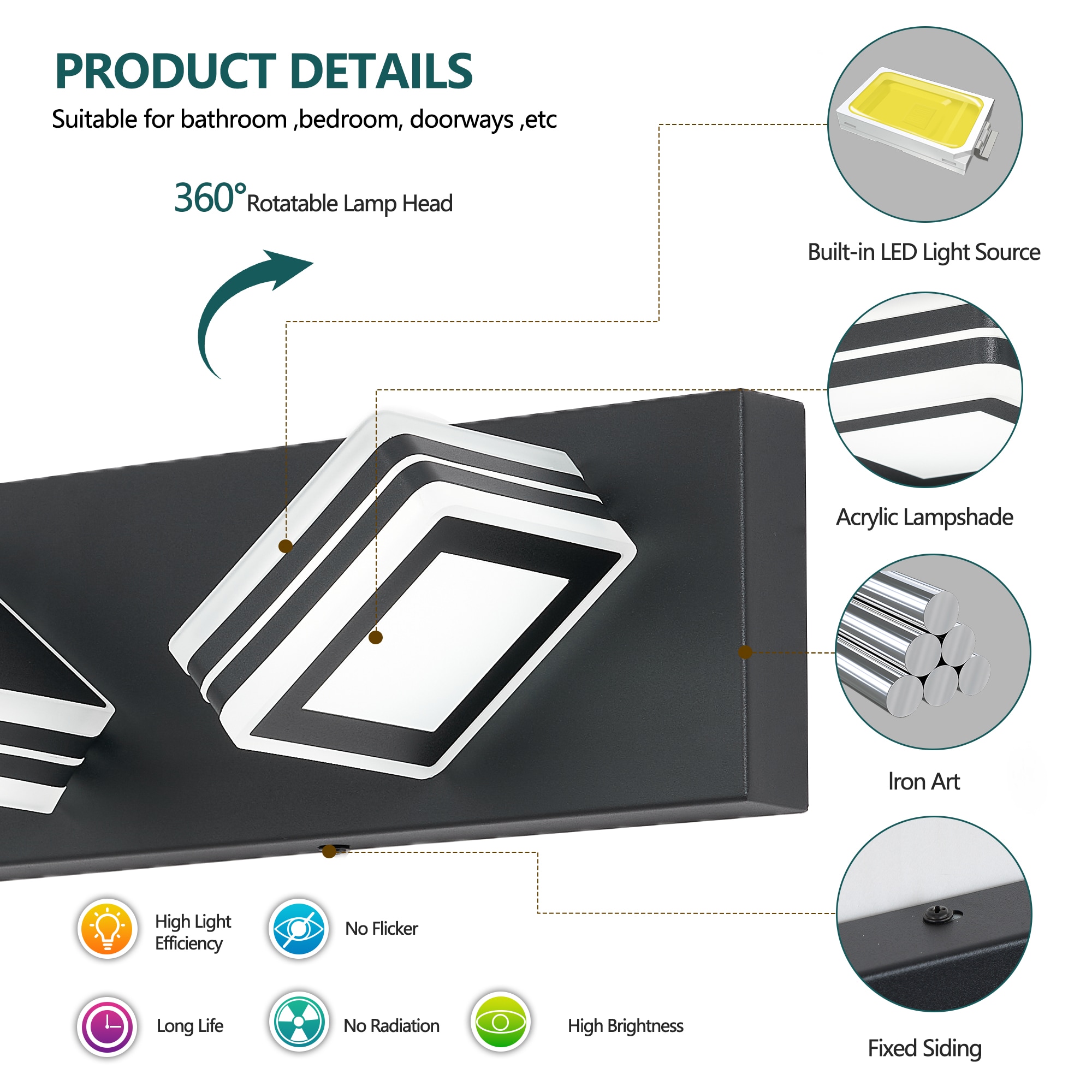 WELLFOR 20-in 3 Light Black Integrated LED Modern/contemporary Bathroom Vanity light - Image 7