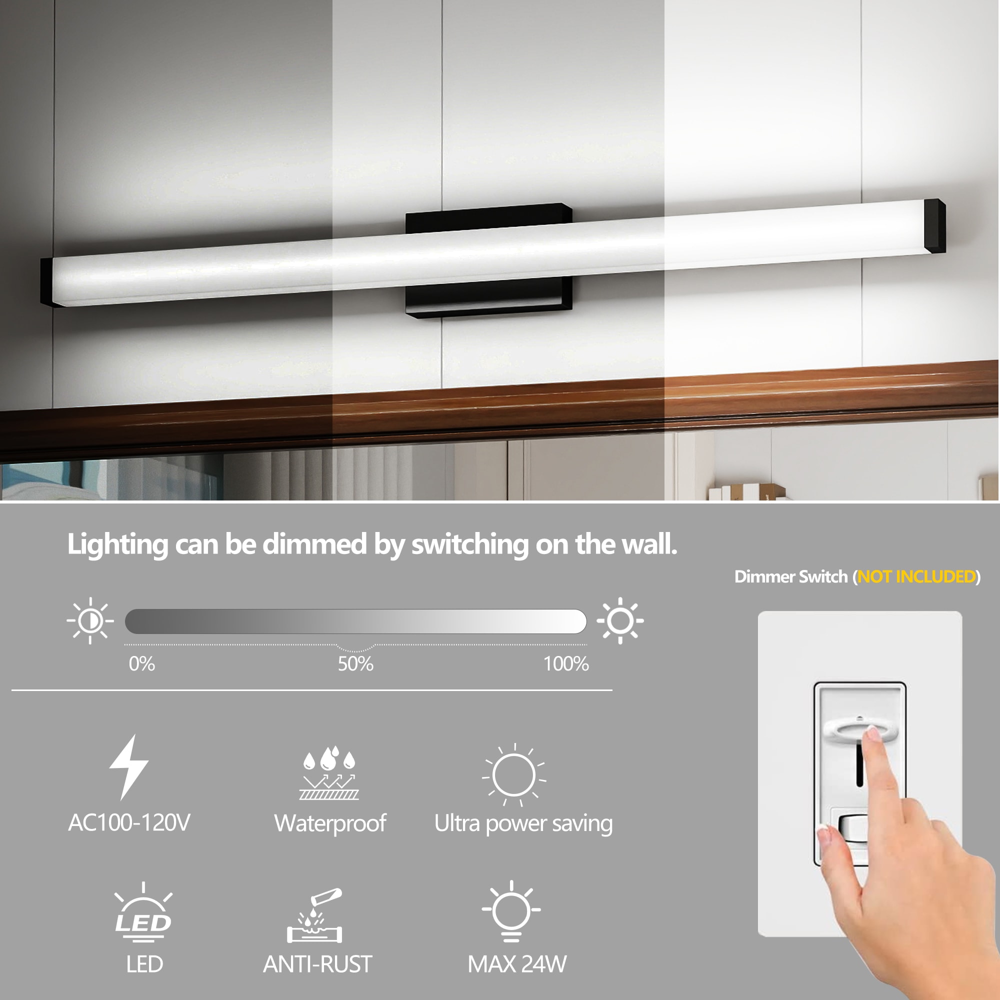 WELLFOR 40.6-in 1 Light Black Integrated LED Modern/contemporary Bathroom Vanity light - Image 4
