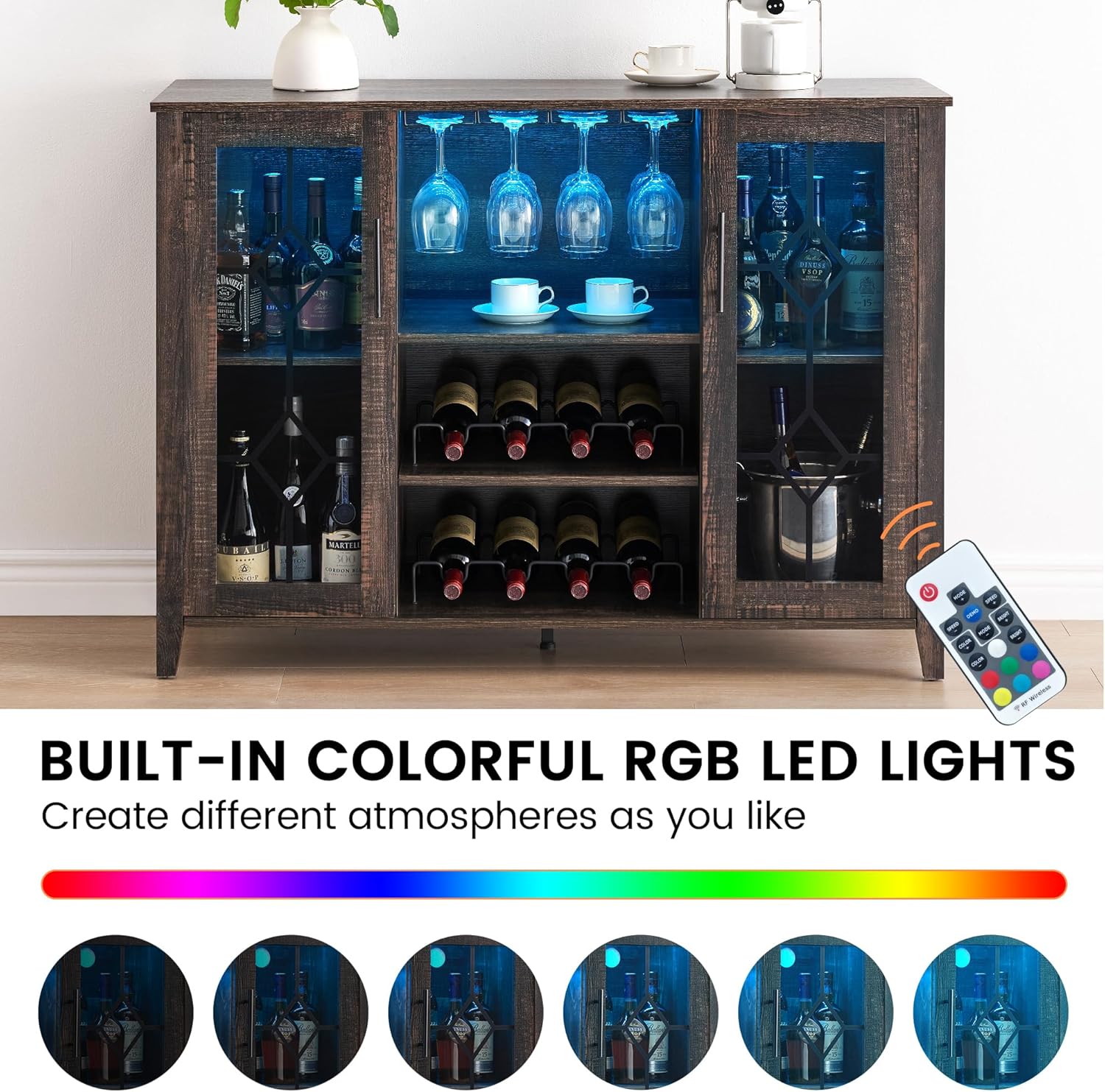 Garvee LED Glow Home Bar and Coffee Station - Removable Wine Racks/ Glass Holders/ Freestanding Storage Buffet / Fire-burned - Image 3
