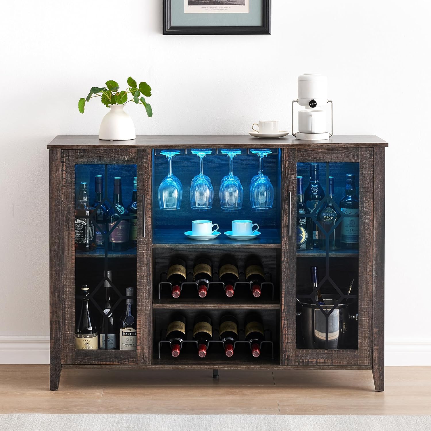 Garvee LED Glow Home Bar and Coffee Station - Removable Wine Racks/ Glass Holders/ Freestanding Storage Buffet / Fire-burned