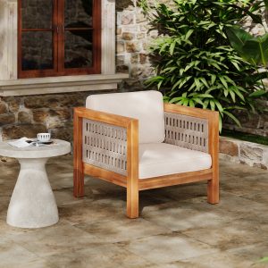 Afoxsos Acacia Wood Outdoor Club Chair Beige Rope Arm Beige Cushions 400 lbs Capacity 30.25 in W x 30.25 in D x 26.5 in H Durable Patio Seating