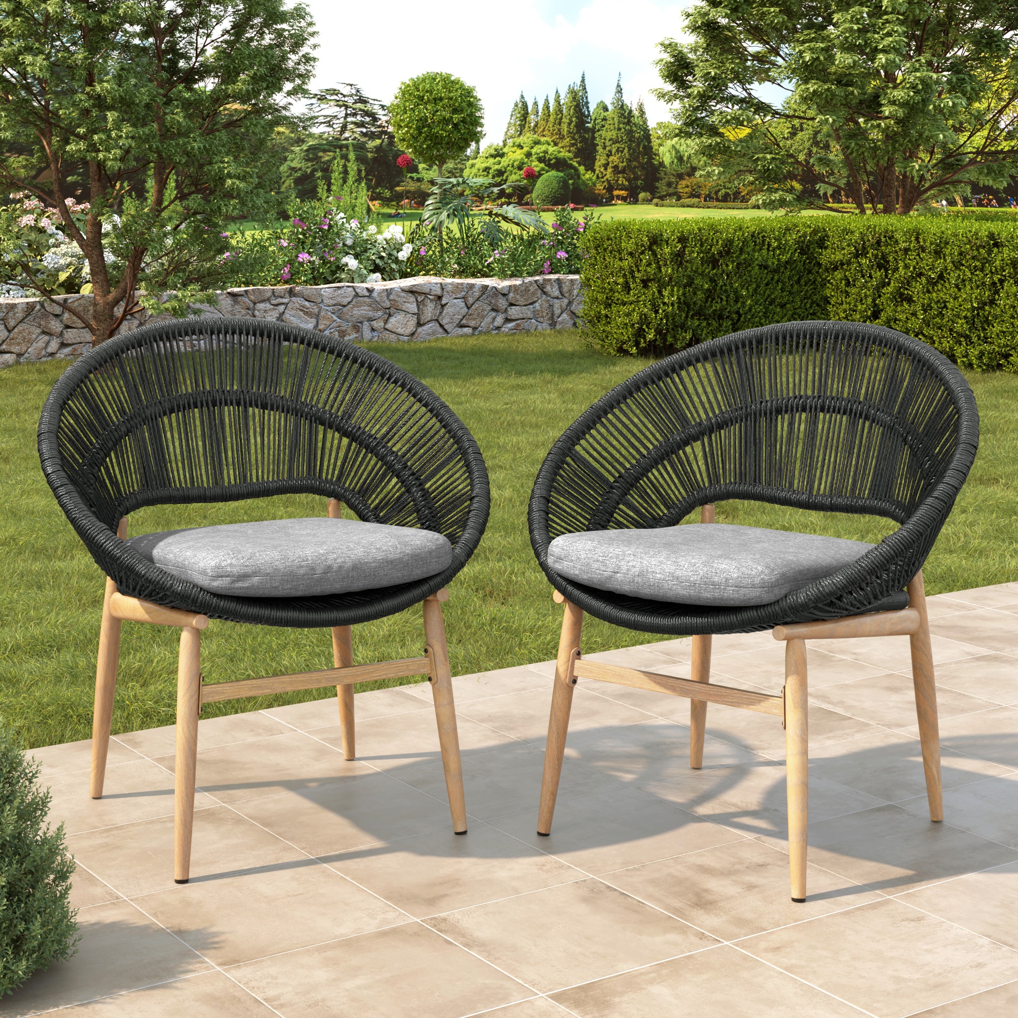 Afoxsos set of 2 outdoor wicker papasan style dining chairs dark gray faux rattan gray cushion teak finished legs weather resistant