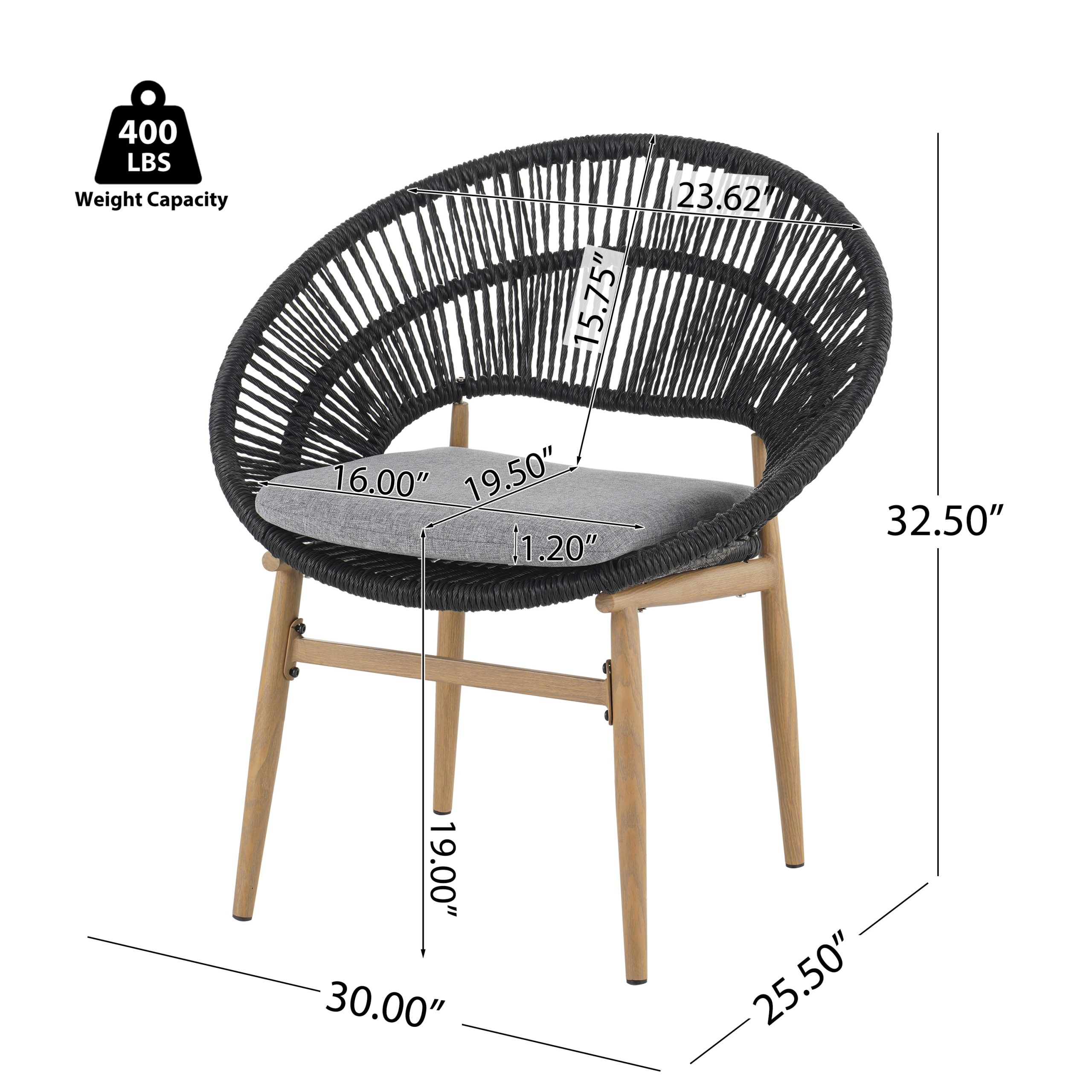 Afoxsos set of 2 outdoor wicker papasan style dining chairs dark gray faux rattan gray cushion teak finished legs weather resistant - Image 8