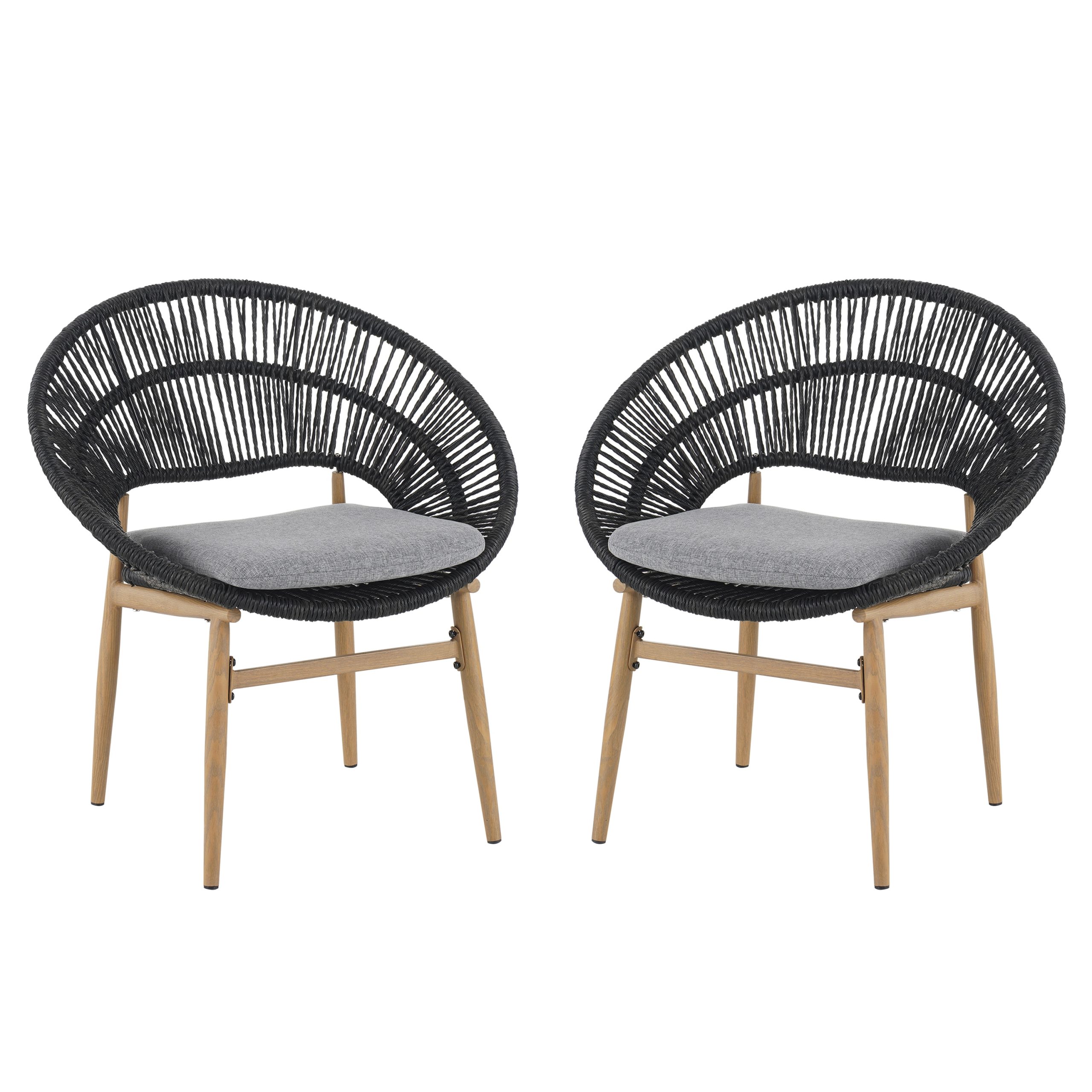 Afoxsos set of 2 outdoor wicker papasan style dining chairs dark gray faux rattan gray cushion teak finished legs weather resistant - Image 2