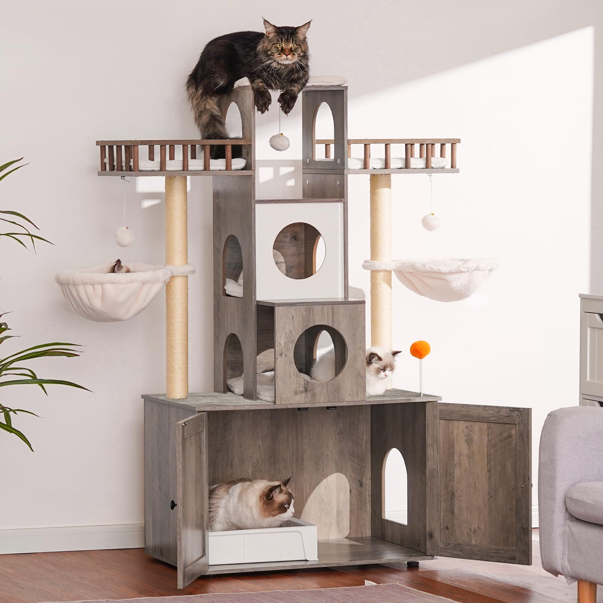Heybly Cat Tree with Litter Box Enclosure for Indoor Big Cat HCT110SG Cat Tower for Large Cats 20 lbs Heavy Duty, Modern Cat Condo Furniture with Scratching Posts, Rustic Gray Product gallery - Image 2