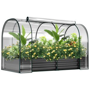 DOCRED  72.8 in x 37.4 in x 47.2 in Metal Planter Box with Roll-Up Window Galvanized Raised Garden Bed with PVC Cover Mini Greenhouse Tent