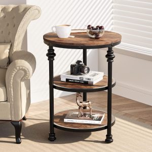 Garvee Round Side Table Small End Table with 3 Shelves for Living Room Bedroom Night Stand Accent Coffee Table with Steel Frame for Small Spaces Rustic Brown
