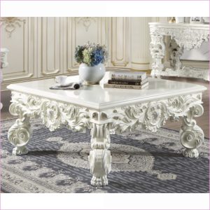 Watnature Antique White Square Coffee Table with 60mm Thick Top   Artistic Floral Legs for Living Room Elegance