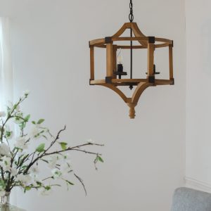 LUXEYARD 3 - Light Wood Drum Chandelier Hanging Light Fixture with Adjustable Chain for Kitchen Dining Room Foyer Entryway Bulb Not Included