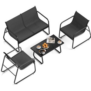 Slickblue Outdoor 4 Piece Fabric Patio Set Black Metal Patio Conversation Set with Black Fabric Seat and Tempered Glass Table for Patio and Backyard