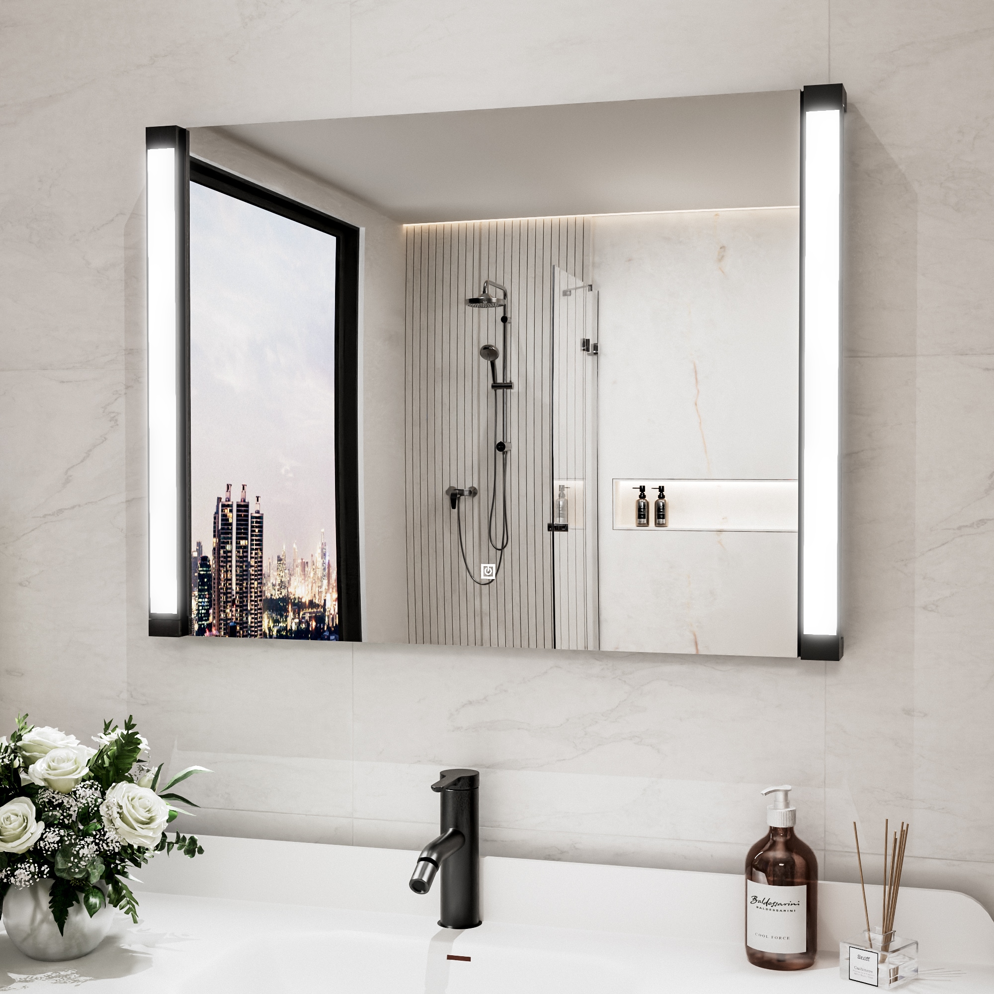 WELLFOR HH LED bathroom Mirrors 32-in x 24-in Polished Rectangle Dimmable Lighted Bathroom Vanity Mirror ( Black )