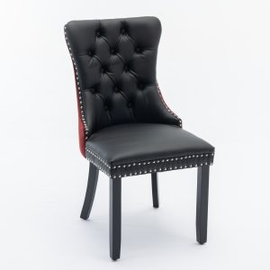 Vynxaria  Black Burgundy PU Leather Velvet Tufted Solid Wood Nailhead Trim Upholstered Dining Chair Set of 2