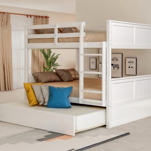 Bellemave Full Over Full Bunk Bed with Trundle Wooden Trundle Bed Frame with Ladder and Safety Guardrail Convertible to 2 Platform Beds for Kids Teens Adults White