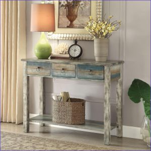Watnature Antique Grey amp Teal Vintage Console Table with 3 Drawers   Timeless Living Room Storage amp Charm