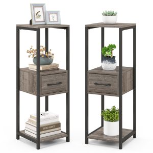 Slickblue 2 Pack 3 Tier Tall Plant Stand with Three Open Shelves and Storage Drawer for Balcony Office Gray and Black 12 in W x 63 in H