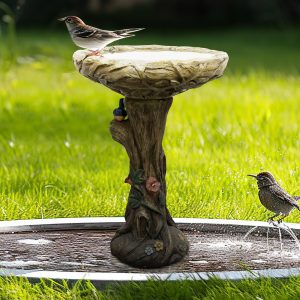 SunJet  25 Inch Heigh WoodLook Concrete Bird Bath with Decorative Faux Bird birdbath Rustic and LongLasting Design Enhances Garden Patio Yard Lawn Decor