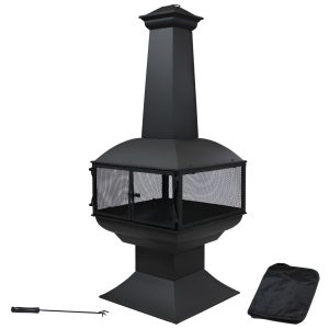 Slickblue Black Steel Wood Burning Chiminea Fire Pit with Log Grate Poker Ash Pan for Patio Deck Backyard 20.5 W