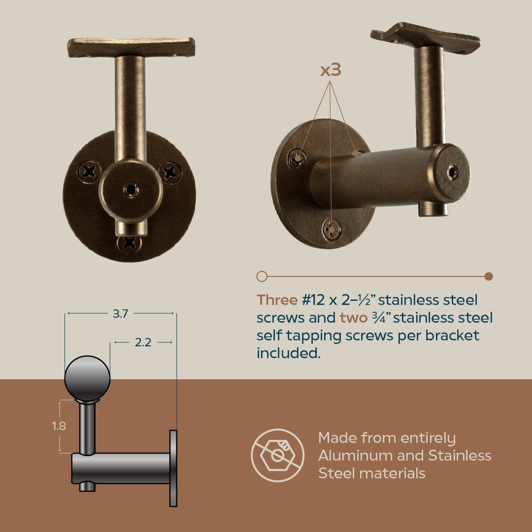 Concept Fusion 2 Foot L Industrial Aluminum Round ADA Returns to Wall Complete Indoor/Outdoor Straight Handrail Grab Bar Kit Bronze Powder Coated Finish - Image 4