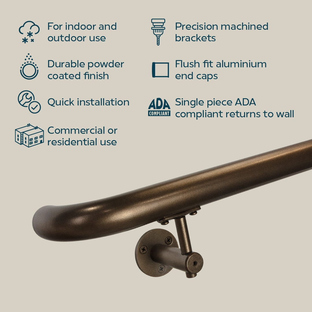 Concept Fusion 2 Foot L Industrial Aluminum Round ADA Returns to Wall Complete Indoor/Outdoor Straight Handrail Grab Bar Kit Bronze Powder Coated Finish - Image 7