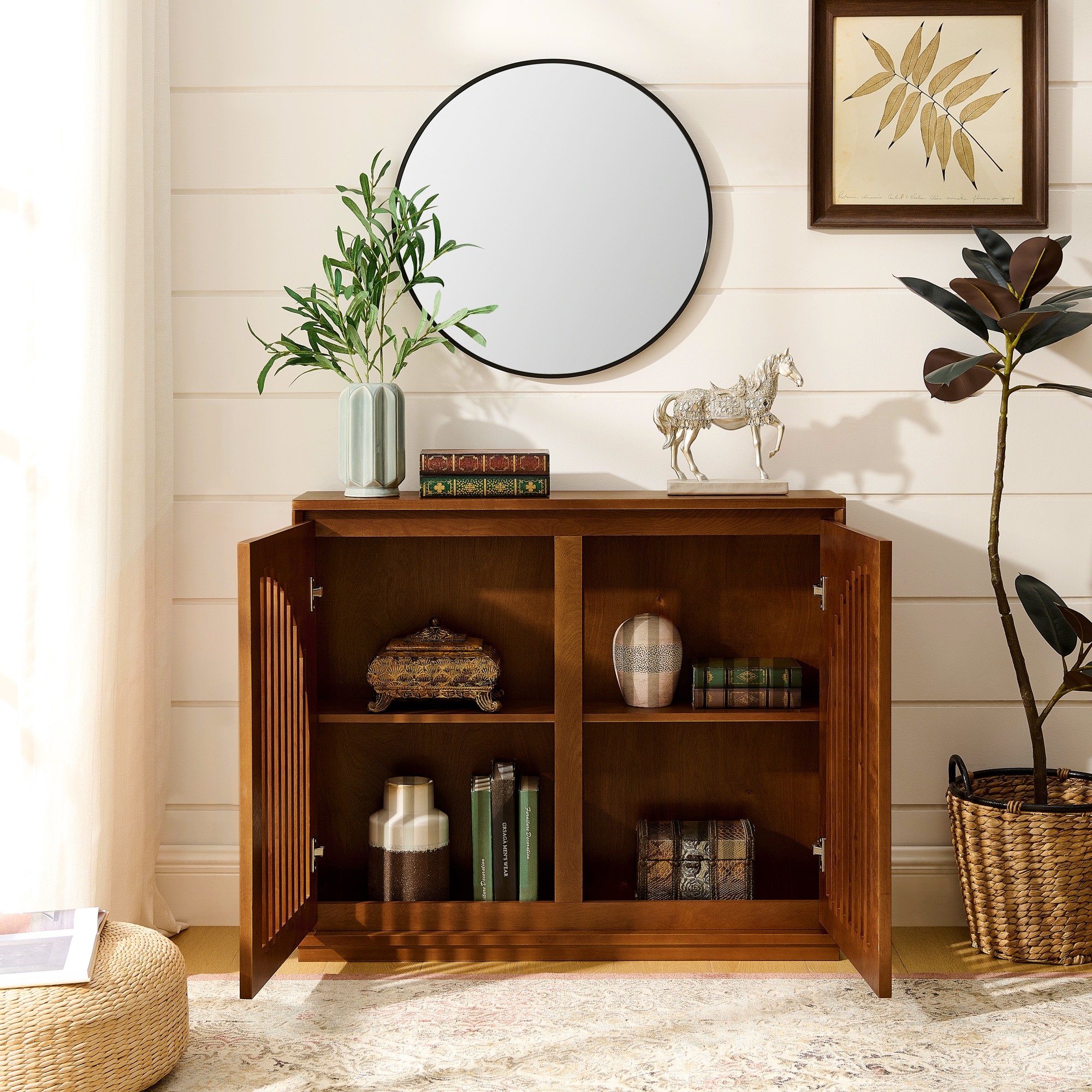 LUXEYARD Mid Century Modern Fluted Sideboard Cabinet with 2 Outlet Holes Buffet Cabinet with Storage Narrow Side Cabinet for Living Room Entryway Hallway Kitchen Coffee Bar Walnut - Image 3