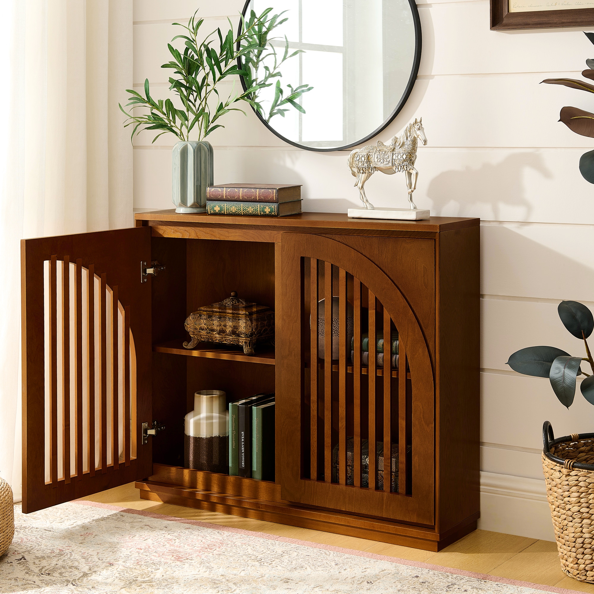 LUXEYARD Mid Century Modern Fluted Sideboard Cabinet with 2 Outlet Holes Buffet Cabinet with Storage Narrow Side Cabinet for Living Room Entryway Hallway Kitchen Coffee Bar Walnut - Image 4