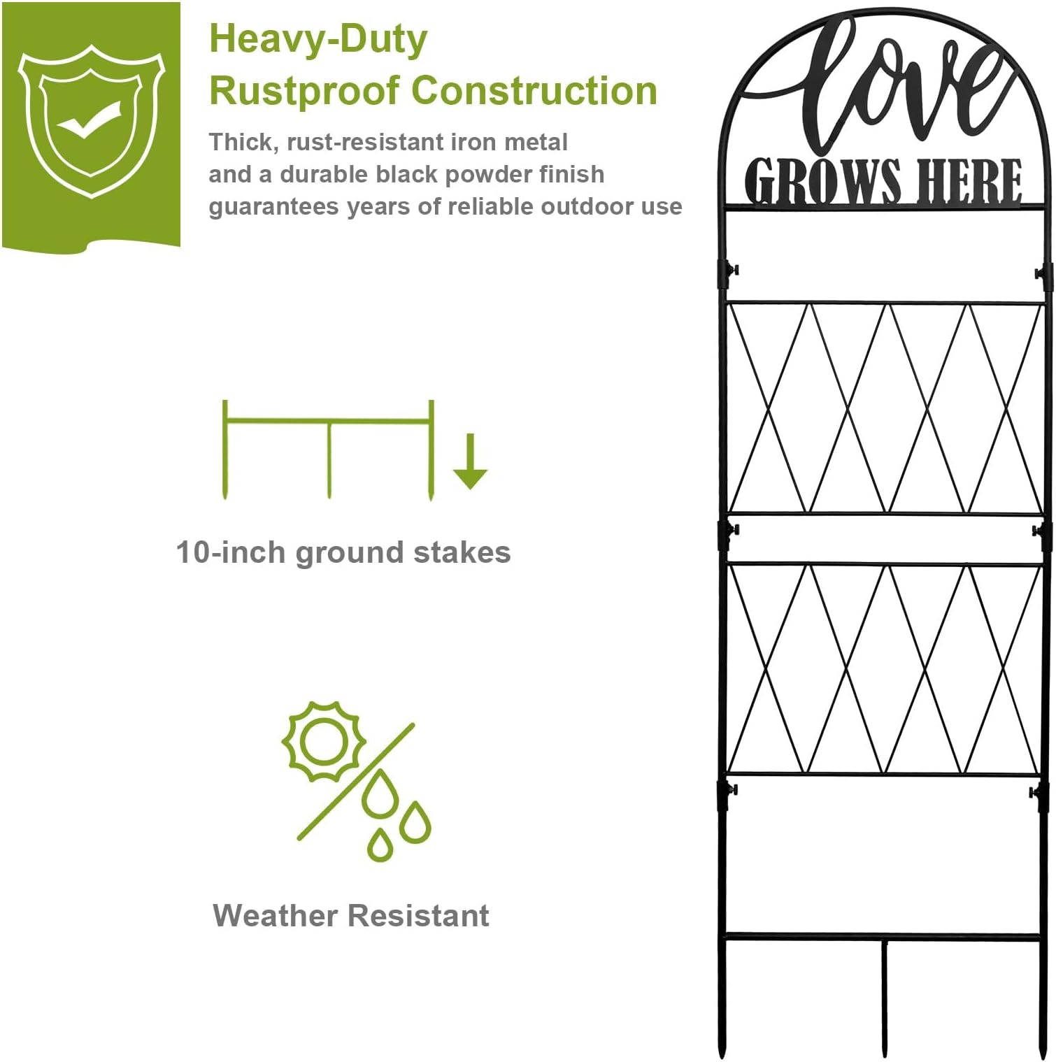 Etokfoks 45 in x 14 in Metal Garden Trellis for Climbing Plants Rustproof Black Iron Grid Outdoor Support with Ground Stakes for Vines Roses 1 Piece - Image 2