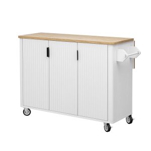 Rbied 51in Fluted Kitchen Island with Drop Leaf Farmhouse Accent Rolling Cart Internal Storage Rack White Ash