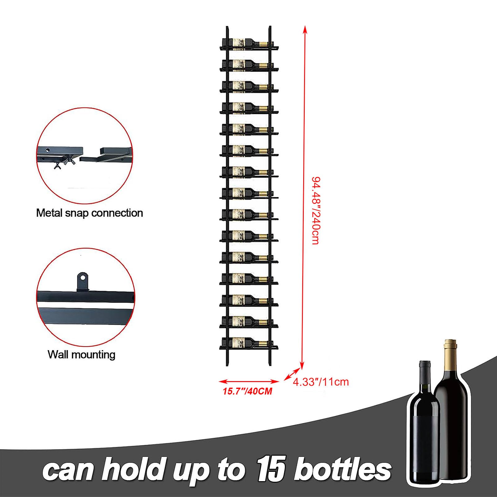 Misopily Large Wall Mount Wine Rack 16 Tier 16 Bottle Metal Wine Storage Organizer Modern Black Display Shelf for Home Bar Kitchen Dining Room - Image 2