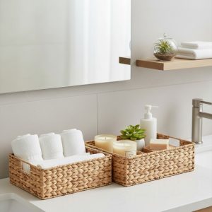 Paradigms Interiors 2 Pack Water Hyacinth Toilet Tank Storage Baskets Handwoven Over Iron Frame For Bathroom Organization 16 Inch Length