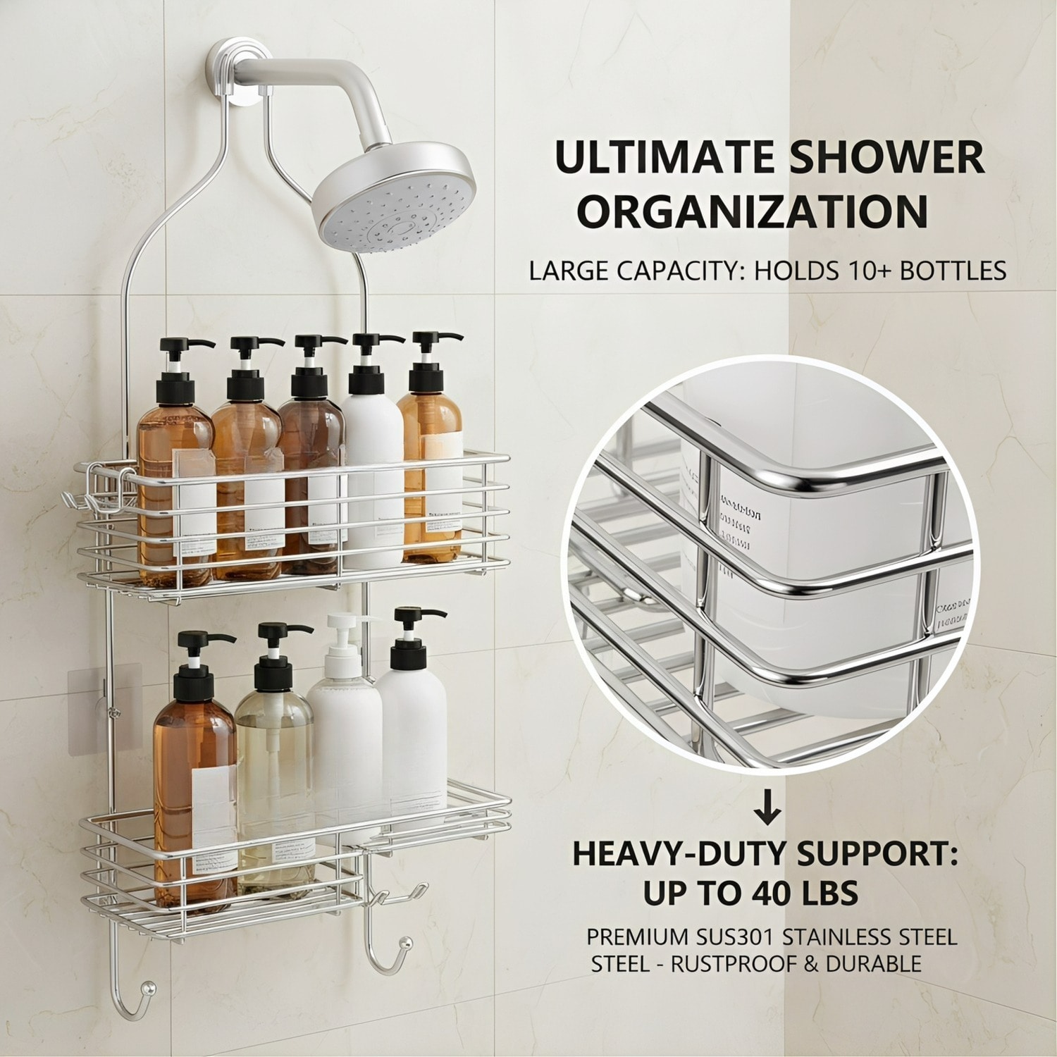 Paradigms Interiors Silver Hanging Shower Head Caddy 28 Inch Rustproof Stainless Steel Over The Shower Shelf Organizer With 2 Layers And Soap Dish - Image 2