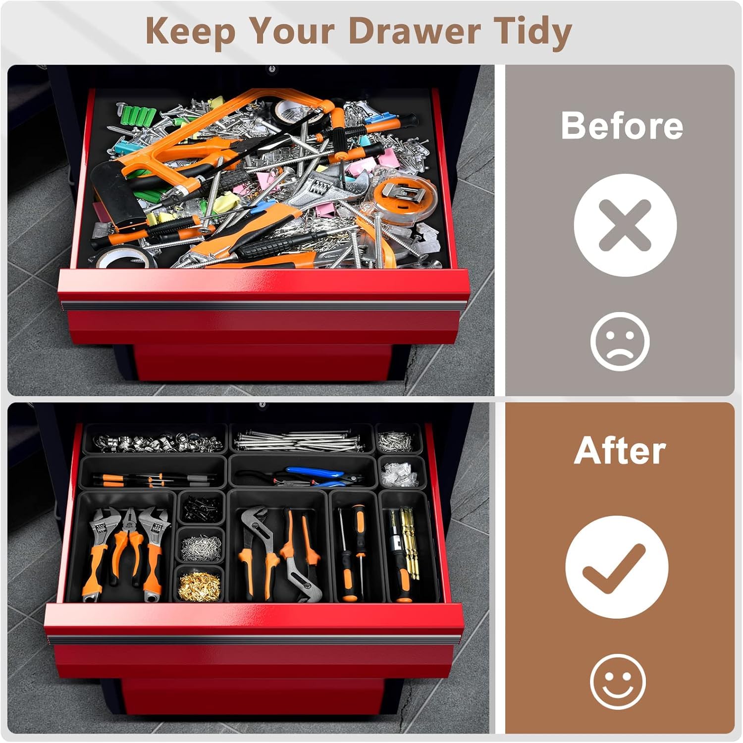 Anqtovp 100 Piece Tool Drawer Organizer Set 6 Sizes Plastic Drawer Divider Bins for Garage Tool Chest Cart Workbench Office Desk Storage - Image 5