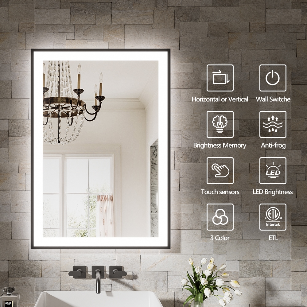 WELLFOR 36-in x 36-in Framed Square Dimmable LED Lighted Fog Free Bathroom Vanity Mirror ( Black ) - Image 4
