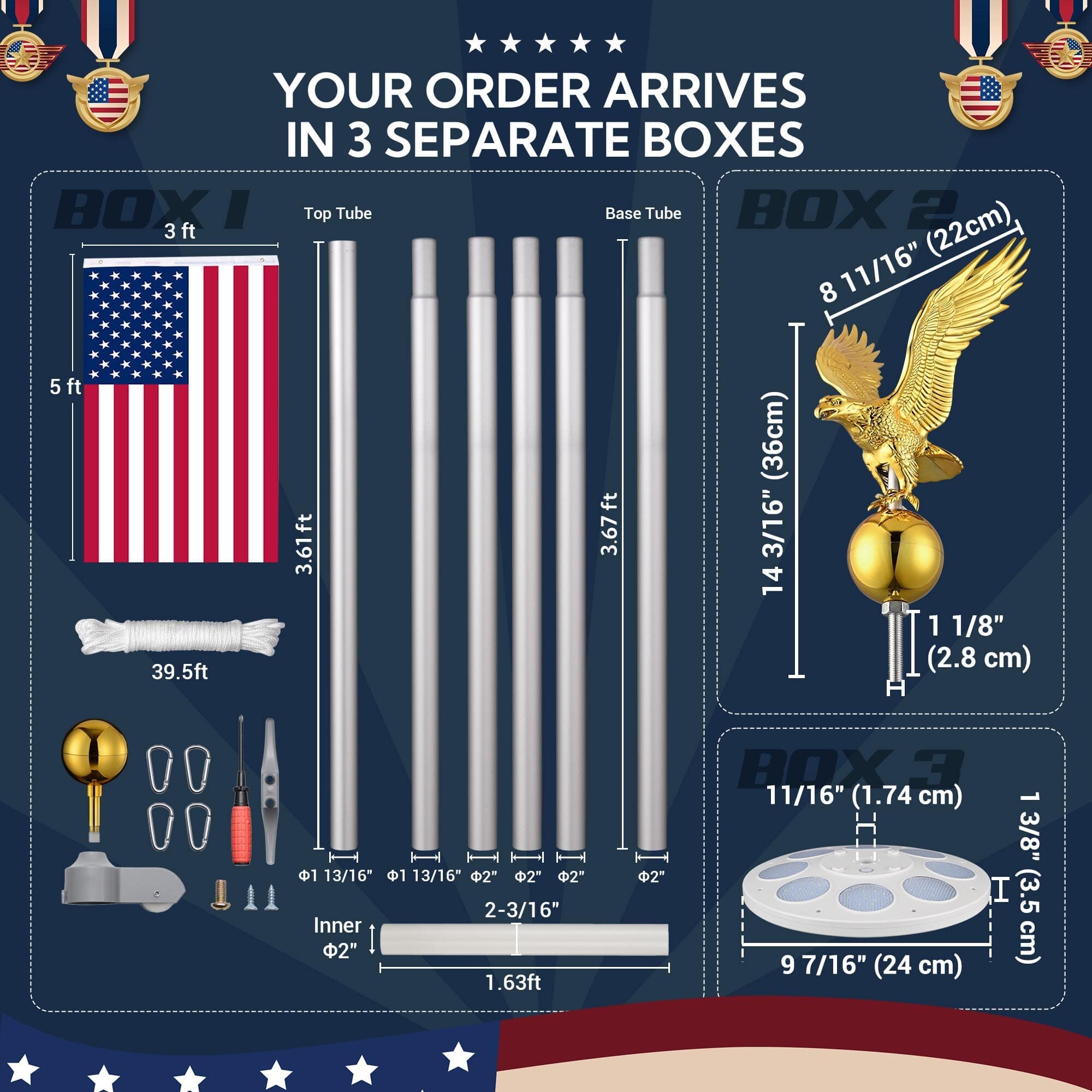 Yescom Bravery 20-FT Eagle Topper Sectional Aluminum Flag Pole Kit with Solar Light US Flag Ball Top for Outside Silver - Image 4