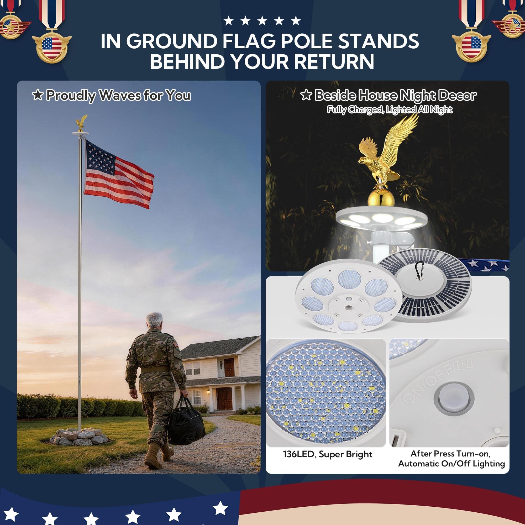 Yescom Bravery 20-FT Eagle Topper Sectional Aluminum Flag Pole Kit with Solar Light US Flag Ball Top for Outside Silver - Image 2