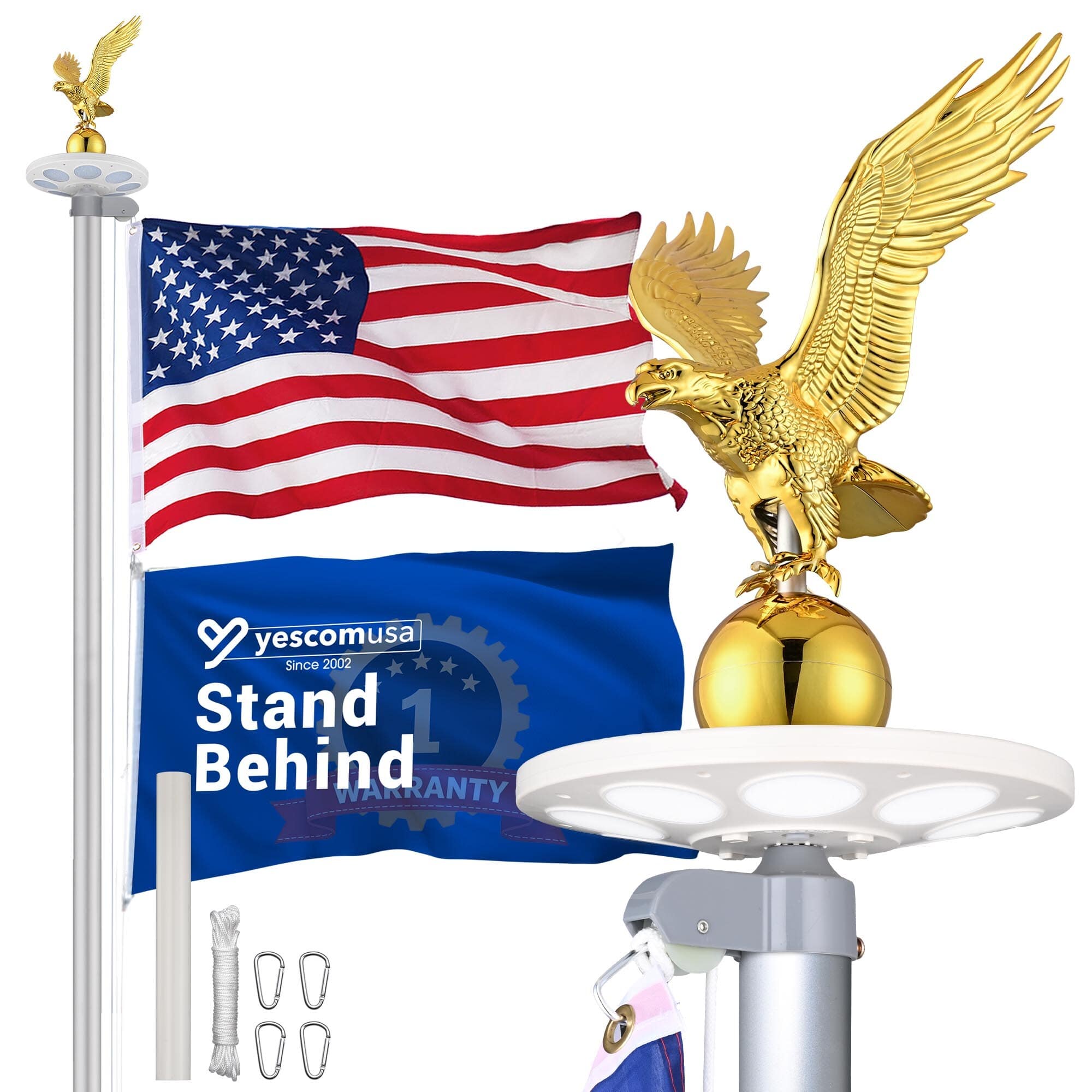 Yescom Bravery 20-FT Eagle Topper Sectional Aluminum Flag Pole Kit with Solar Light US Flag Ball Top for Outside Silver