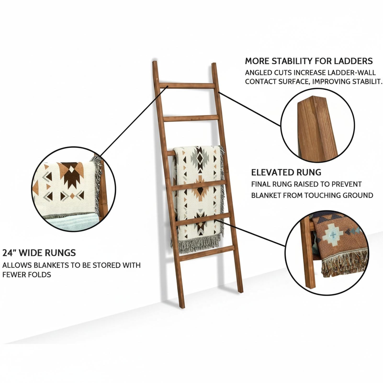 OMOMMD Wooden Blanket Ladder Farmhouse Rustic Decorative Quilt Display Holder Towel Rack for Living Room Bathroom - Image 4