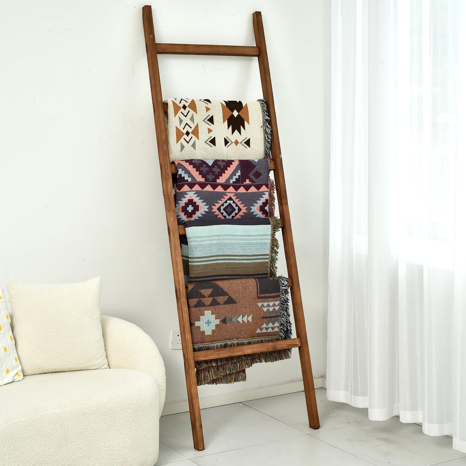OMOMMD Wooden Blanket Ladder Farmhouse Rustic Decorative Quilt Display Holder Towel Rack for Living Room Bathroom - Image 2