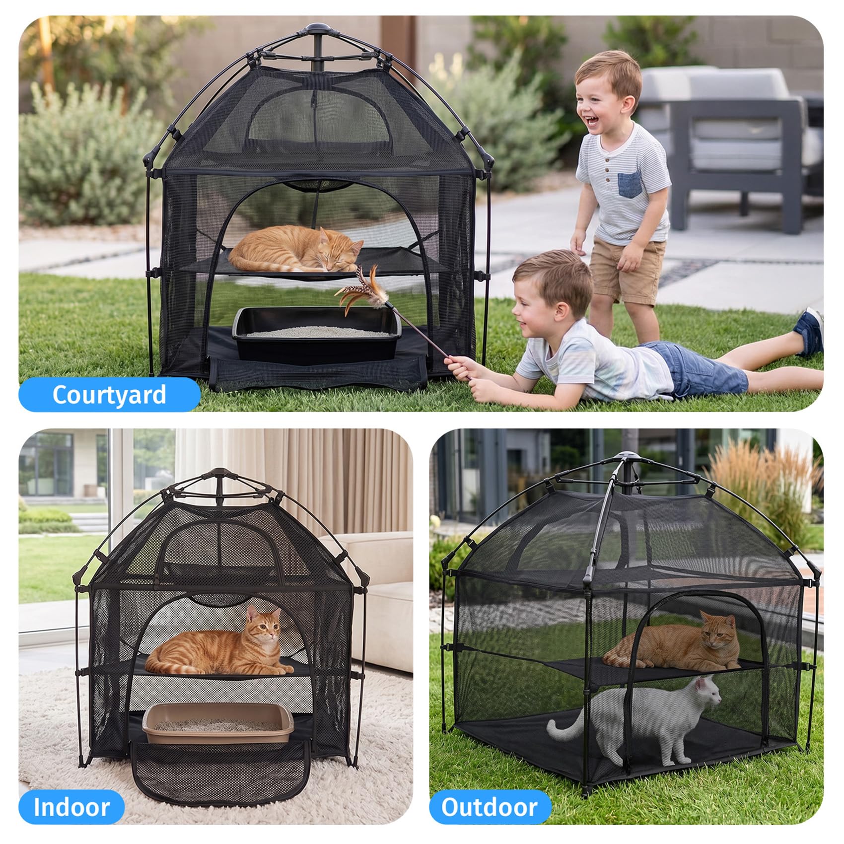 Catio Outdoor Cat Enclosure Pop up Cat Tower Tent(Square, L) Cat Playpen w/Breathable Mesh Portable Catio Kitten Pet Animal Play Pen Indoor Enclosed Kitty Patio Balcony Camping - Image 2