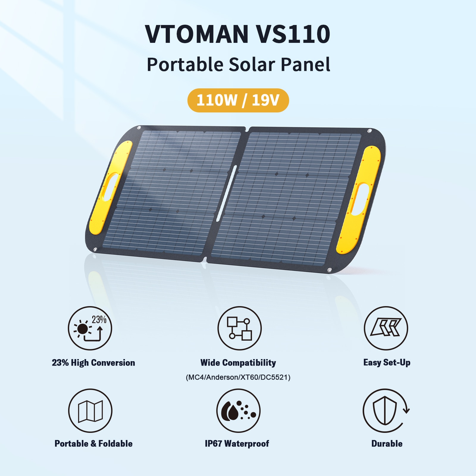 VTOMAN Portable Solar Panel for Solar Generator 110W 19V Folding Solar Charger with 23 Percent Efficiency IP67 Waterproof and Adjustable Kickstands Design for Camping RV Outdoor Adventures Model VS110 - Image 2