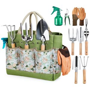 Wudkey 9-Piece Green Garden Tool Set with Heavy-Duty Rust-Proof Tools and Fashion Storage Tote Bag for Home Gardening