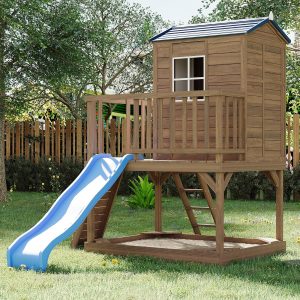 IdealHouse Kids Outdoor Playhouse with Sandbox 2 Story Wooden Playhouse with Slide Elevated Cedar Wooden Kids Playhouse with Step Ladder